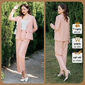 Hình ảnh Set áo khoác blazer + quần dài chất linen, màu hồng trẻ trung nữ tính, thời trang công sở Haint Boutique Bv02