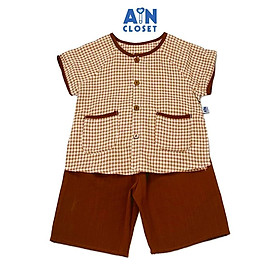 Bộ quần áo Bà Ba lửng unisex cho bé họa tiết Caro Nâu cotton - AICDBGA2SLXF - AIN Closet