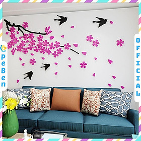 Tranh dán tường mica 3d decor khổ lớn chim én về cùng mùa xuân trang trí phòng khách, phòng ngủ, phòng cưới
