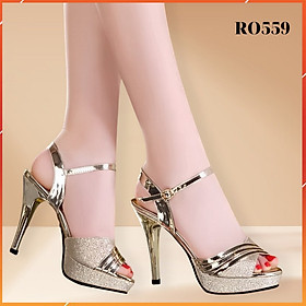 Giày sandal nữ đẹp cao gót 9 phân hàng hiệu rosata hai màu đồng bạc da mềm ro559