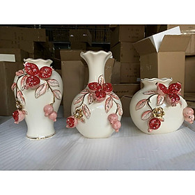 Bộ 3 Lọ Hoa Gốm- Bình Cắm Bồng Cao Cấp Họa Tiết Hoa Lựu 3D Đắp Nổi -Mạ Vàng Sang Chảnh -Đẳng Cấp