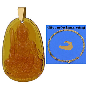 Mặt Phật Văn thù 5 cm (size XL) pha lê trà kèm móc và dây chuyền inox vàng, Mặt Phật bản mệnh