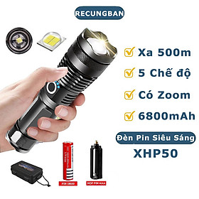 Đèn pin siêu sáng cầm tay XHP50 chiếu xa 500m có Zoom xa gần, chống thấm nước, pin trâu 6800mAh 5 chế độ sáng