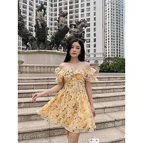 Váy liền nữ Méo shop trễ vai hoạ tiết hoa nhún bo eo dáng xoè Miniu