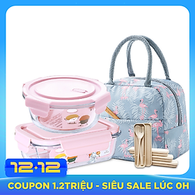 Bộ Hộp Cơm Thủy Tinh Giữ Nhiệt Văn Phòng Cao Cấp - Kèm Túi Xách và Hộp Đựng Đũa Thìa Home Basics