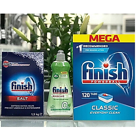 Combo Nước làm bóng bát finish hữu cơ+120 viên finish+1.5 muối finish dùng cho máy rửa bát