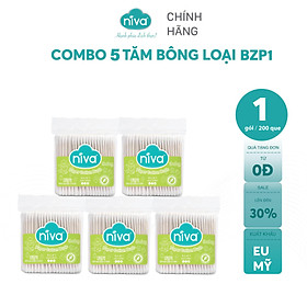 Combo 05 Tăm Bông Niva Cho Trẻ Sơ Sinh Túi 200 Que Thân Giấy BZP1 Bông Tự Nhiên Kháng Khuẩn An Toàn, Thân Thiện Môi Trường
