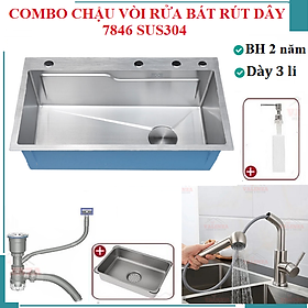 Combo chậu rửa chén 1 hố 7846 sus304 Valenza vòi rửa bát nóng lạnh dây rút 02 bộ xả khay inox bình rửa bát- Dày 3li