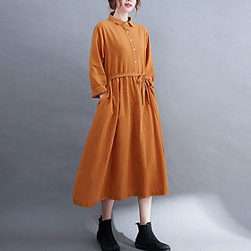 Đầm babydoll dáng dài qua gối, Đầm bigsize dài tay form rộng che khuyết điểm chất liệu đũi mềm Haint Boutique