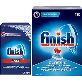 Muối Finish 1.5kg+Viên rửa bát Finish 110 viên dùng cho máy rửa chén bát