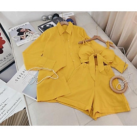 Set 3 món vàng áo croptop 2 dây, khoác sơmi tay dài kèm quần đùi ngắn, bộ đi chơi dạo phố du lịch năng động quyến rũ