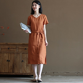 Đầm linen suông cổ tim ngắn kèm dây thắt eo phong cách nữ nhẹ nhàng thach lịch, mẫu mới Đũi Việt 2023 DV193