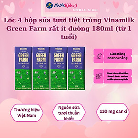Lốc 4 hộp sữa tươi tiệt trùng Vinamilk Green Farm rất ít đường 180 ml (từ 1 tuổi)