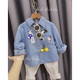 Áo sơmi jean in hình chuột cho bé trai, gái 10-22kg