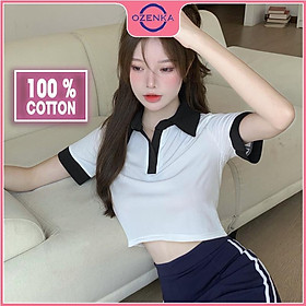 Áo croptop polo nữ đẹp , áo crt cộc tay ôm body cải màu đen trắng thun gân 100% cotton free size dưới 50 kg