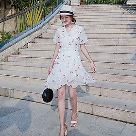 Đầm Xoè Trắng In Phối Bèo Cột Eo