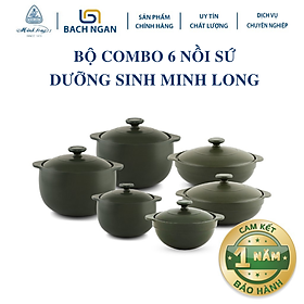 Combo 6 Nồi Sứ Nhỏ Dưỡng Sinh Minh Long có nắp, tráng men xanh rêu, dùng bếp ga, hầm cháo, kho cá