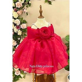 Váy công chúa, đầm công chúa thiết kế cao cấp cho bé gái màu đỏ tay bồng bẹt vai cho bé từ 3-7 tuổi