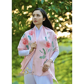 Khăn Lụa Bảo Lộc Vẽ Tay Rose SenSilk180x55cm, Hand Drawing Silk Scarf, 100% Silk made in Vietnam