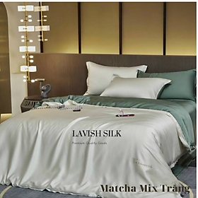 Trọn Bộ Ga Gối Lụa Kèm Chăn Sẵn Ruột + Tặng Bộ Quà Tặng Lavish Silk Cao Cấp - Xanh Matcha Mix Trắng