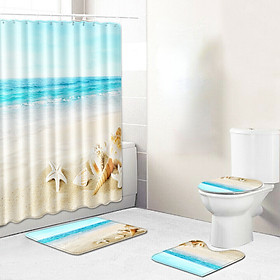 Bộ rèm thảm nhà tắm họa tiết bãi biển 4in1 (Rèm, thảm chân, bệ đỡ chân, nắp bồn cầu)
