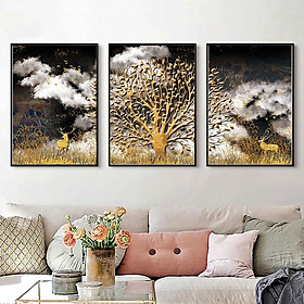 Mua Tranh Canvas Treo Tường Hiện Đại _ Tranh Bộ 3 Hươu Và Cây Phong Cách 3D