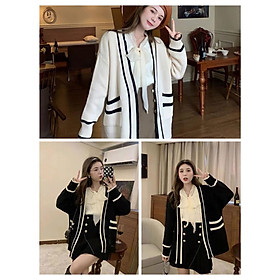 Áo Cardigan Len Nữ Cúc Cài Chạy Sọc Túi Trước Dáng Dài 2 Màu
