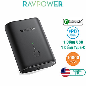 Pin Sạc Dự Phòng RAVPower 10000mAh Tích Hợp USB Type-C In/Out Hỗ Trợ Sạc Nhanh PD Power Delivery 18W và Quick Charge QC 3.0 RP-PB194 - Hàng Chính Hãng