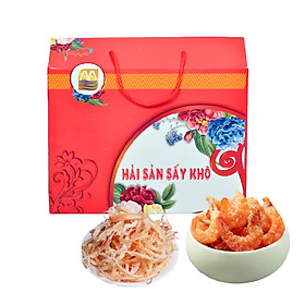 Hộp quà tết 2020 - Hải sản sấy khô 01 gồm 2 túi Tôm thẻ PD - 2 túi Mực ống xé - 2 túi Tôm khô