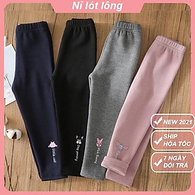 Quần legging nỉ lót lông cho bé gái từ 6-38kg mặc thu đông, hình thêu thú