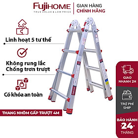 Hình ảnh Thang nhôm trượt đa năng FUJIHOME ML44, thang gấp rút 4 đoạn cao chữ A 2m, chữ I 4 m linh hoạt 5 kích thước-Hàng chính hãng