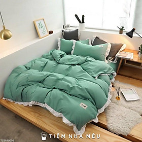 Bộ Chăn Ga Gốim6/m8/2m -Tiệm Nhà MêuSet 4 Món 2 Vỏ gối ,drap , vỏ chăn Cotton TC Bèo Ren Trắng Bánh Bèo Dễ Thương