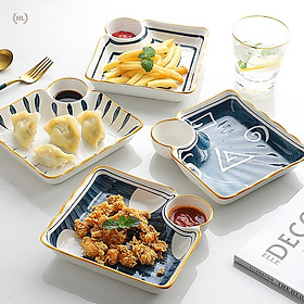 Mua Đĩa Vuông Có Ngăn Chấm Nhật Bản | Đĩa sứ vuông cao cấp có chia ngăn đựng gia vị Phong Cách Decor Retro