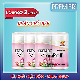 COMBO 3 LỐC Khăn giấy bếp đa năng Premier VinaRoll có lõi, 2 lớp 100 bột giấy nguyên sinh, không chất tẩy lốc 2 cuộn