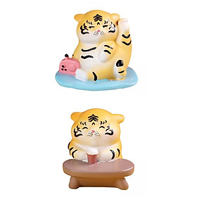 2x Cartoon Small Tiger Figurine Figure Model for Office Home Collection