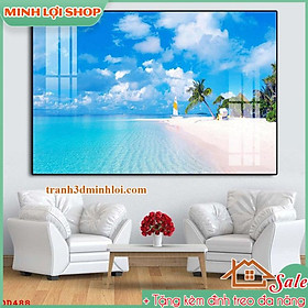 Tranh BIỂN ĐẠI DƯƠNG tráng gương pha lê trang trí không gian TẶNG KÈM ĐINH TREO SEA09