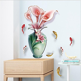 Decal trang trí tường - Chậu Hoa sứ xanh và Hoa liLy hồng nhạt 3D