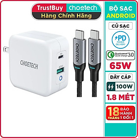 Bộ Củ Sạc Dành Cho Macbook, Laptop, Điện Thoại 65W CHOETECH PD8002 GaN Tech + Type-C to C 100W 1.8M XCC-1002-GY - Hàng Chính Hãng