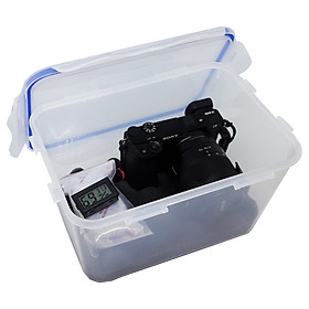 Combo hộp chống ẩm và ẩm kế, 100gram hạt hút ẩm xanh cho máy ảnh, máy quay phim - dung tích 5 lít (tặng mút xốp lót hộp)