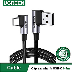 Hình ảnh Cáp sạc hãng UGREEN US176 bẻ góc 90 độ USB 2.0 sang USB type C dây bện dài 0.5-2m - Hàng nhập khẩu chính hãng