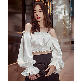 Áo croptop trễ vai, tay dài, màu trắng - Thích hợp mặc dạo phố, đi biển ivy.fashion đi biển dự tiệc dạo phố bigsize gợi