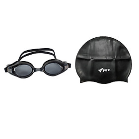 Bộ Kính Bơi VIEW V500S BK (Đen) Chống Sương Mù Chống tia UV Và Nón Bơi View V31(Đen) - Hàng chính hãng 100% sản xuất tại Nhật Bản