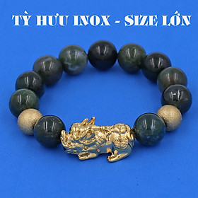 Vòng chuỗi đeo tay đá cẩm thạch xanh đậm 14 ly ( size lớn ) charm tỳ hưu và bi inox, vòng tay chuỗi hạt