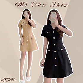 Đầm xòe cổ vest dự tiệc dáng a túi hộp đính nút