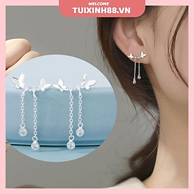 Bông tai bạc hinh bướm tua rua đính pha lê thời trang dành cho nữ