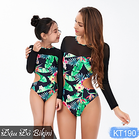 Bikini đồ bơi đôi cho mẹ và bé gái, áo tắm liền thân cặp mẹ con, kiểu Âu Mỹ gợi cảm, hoạ tiết lá hoa Hawaii tươi trẻ, chất thun bơi 2 lớp dày dặn, phom đẹp | KT190