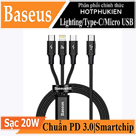 Dây cáp sạc nhanh 20W 3 in 1 Type-C to Light cho iPhone iPad / Type C / Micro USB chuẩn PD 3.0 hiệu Baseus Rapid Series 3-in-1 (hỗ trợ sạc nhanh 3.5A, truyền dữ liệu 480Mbps) - hàng nhập khẩu