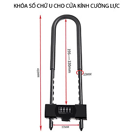 Khóa số chữ U móc dài 195-330mm cho cửa kính, xe máy, loại 4 số có thể thay đổi được mã số (U701)