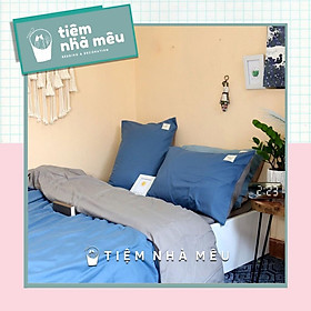 Bộ Chăn Ga Gối Cotton TC Nhập Hàn m6/m8/2m - Tiệm Nhà Mêu 2 Vỏ gối ,drap , vỏ chăn MÀU XANH DƯƠNG ĐẬM GA XÁM