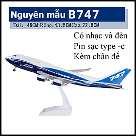 Mô hình máy bay Boeing 747 dài 46 cm KAVY có nhạc và đèn kèm chân đỡ bằng hợp kim và nhựa sạc android